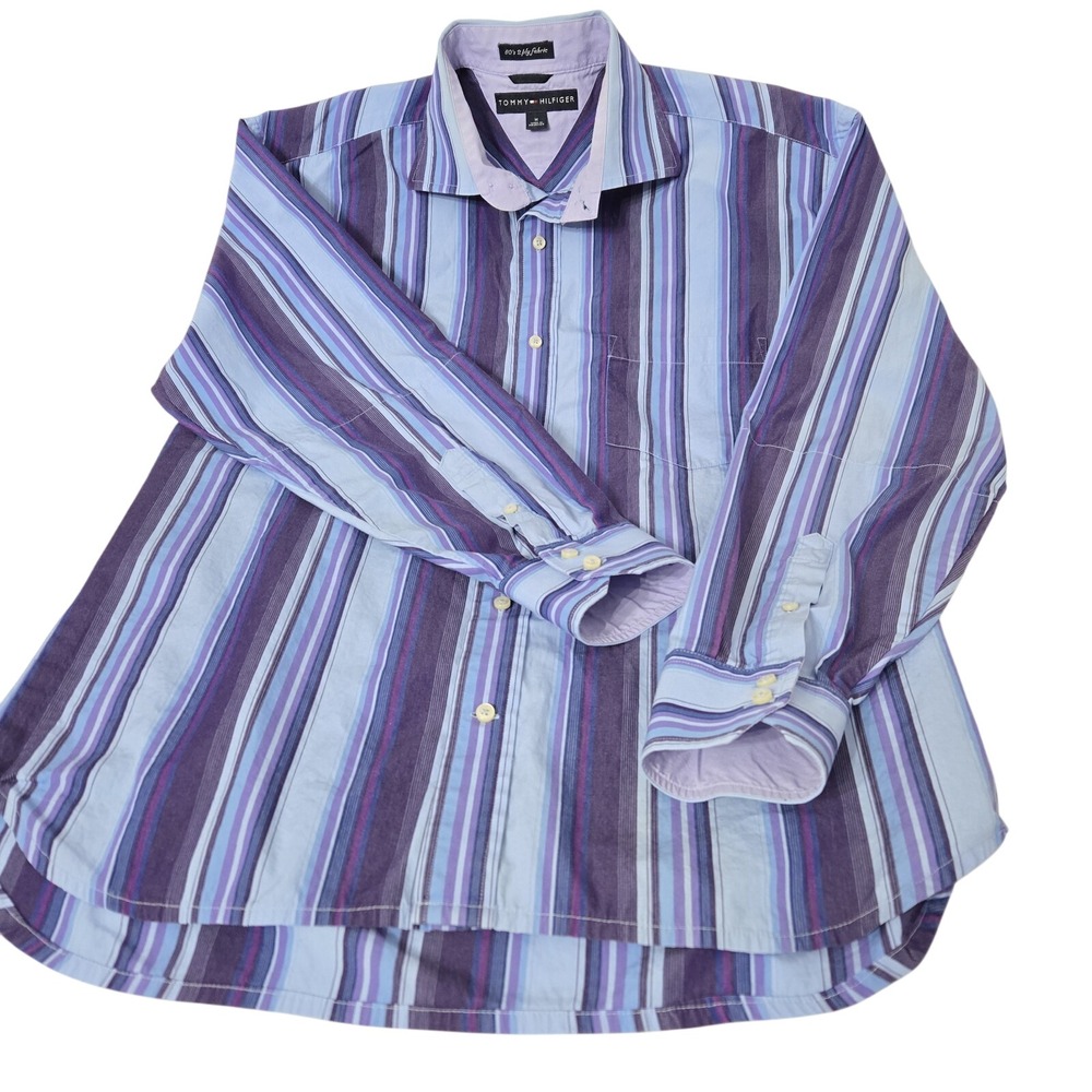 Tommy Hilfiger Shirt Men's M Blue Purpl Striped Long Sleeve Button Up 80's 2 Ply - Picture 14 of 15
